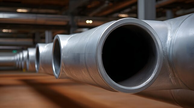 A detailed close up view of a series of large industrial metal pipes in a modern facility
