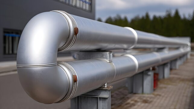 Large insulated silver industrial pipes are installed outdoors curving and running parallel