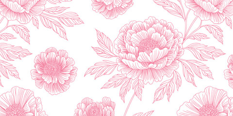 Seamless peony floral line art pattern, elegant hand drawn flowers, minimal botanical background, romantic vintage design © Md Golam Shahariyar