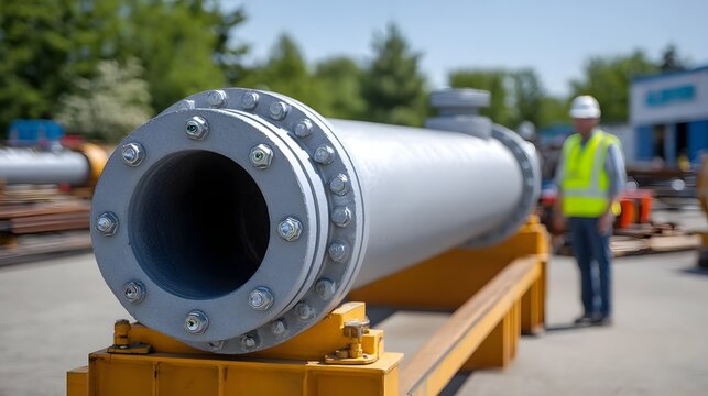 Large industrial pipe with bolted flanged joints displayed outdoors on yellow supports
