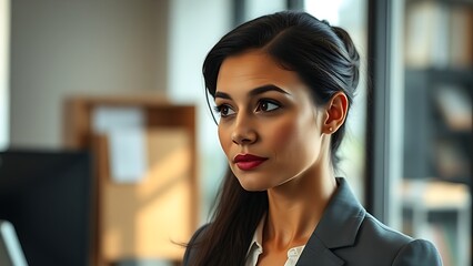 Professional woman in office attire reflecting thoughtfully with soft natural light illuminating her workspace.