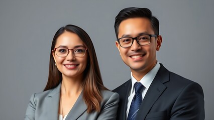 Two confident business professionals in formal attire, standing against a neutral grey background with soft lighting.