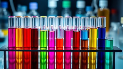 A test tube rack filled with colorful liquid samples in a lab.