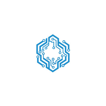 Blue Hexagonal Circuit Board Logo Design Element.