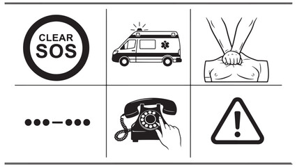 Comprehensive emergency response and public safety symbols featuring SOS alerts ambulance logistics and first aid instructions for healthcare insurance and risk management business.