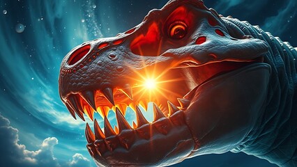 Crystalline dinosaur teeth refracting light into a swirling hologram of ancient atmospheric skies.