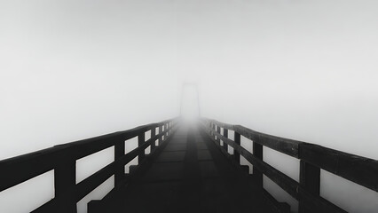 Fototapeta premium Solitary Wooden Bridge Enveloped by Heavy Fog, Leading into the Unknown