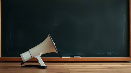 Megaphone on a wooden surface in front of an empty chalkboard in a minimalist educational setting.