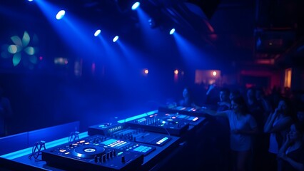 A nightclub DJ booth illuminated by blue lights, capturing the vibrant energy of music and nightlife.