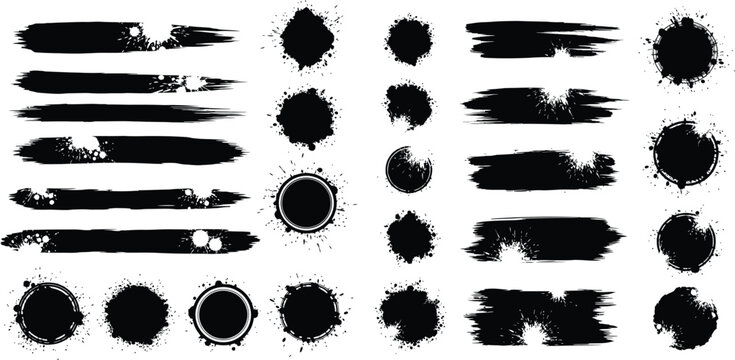 Grunge brush strokes and splatters set, ink splatter circles and lines