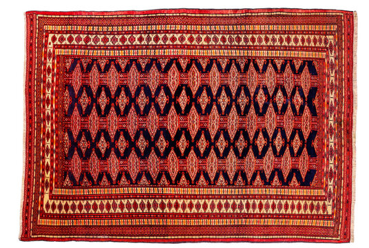 Traditional hand-knotted Turkman rug with repeating geometric guls in deep reds and black with ivory accents.