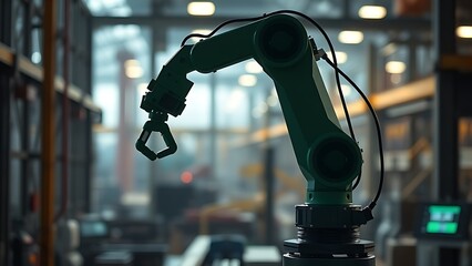 A robotic arm silhouette in an industrial setting, representing automated manufacturing and green energy.