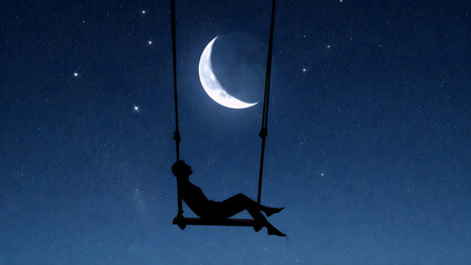Dreamy Silhouette of a Person Swinging Under a Starry Crescent Moon