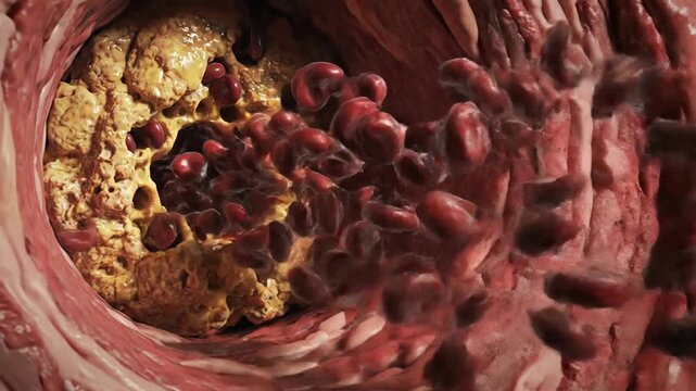 Medical illustration of blood vessel with plaque and clot