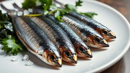 Glistening, jewel-like sardines and dark leafy greens on a white plate with crystalline structures of calcium.