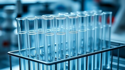 Glass test tubes in metal holder, showcasing scientific equipment in a sterile laboratory setting.