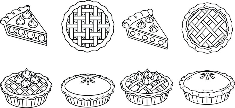Handdrawn pies and pie slices in simple line art style, variety of fillings