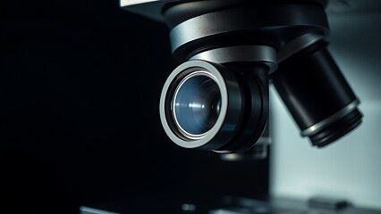 Closeup of a scientific microscope with detailed metal lens in a laboratory setting.