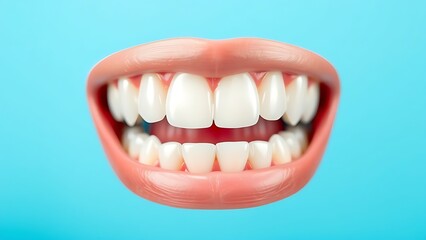 Close-up of healthy white teeth with clean gums against a blue gradient background.