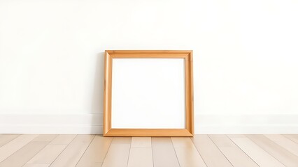 Wooden picture frame on light floor against white wall