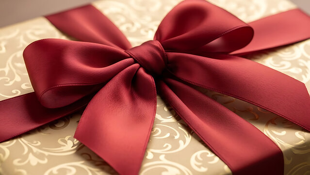 Red Satin Ribbon Bow on Gift Box.