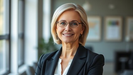 Confident senior businesswoman in formal attire with soft lighting and blurred office background.