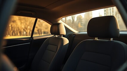 Car interior with sunlight streaming through the window, focusing on empty seats.