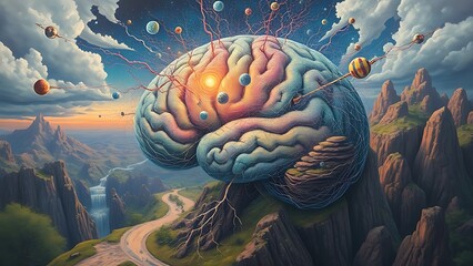 A surreal depiction of a hyperactive brain with neural pathways merging into dreamlike landscapes.