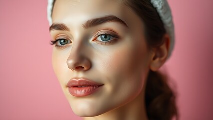 A serene young woman with spa facial marks against a soft pink backdrop.