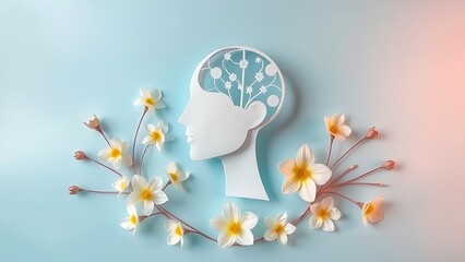 Abstract paper sculpture of a human head surrounded by flowers on soft blue, symbolizing mental wellness.