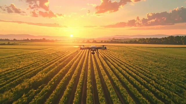 Agricultural drone flying over a field of crops at sunset, monitoring plant health.