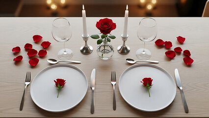 Romantic Table Setting with Roses and Candles.