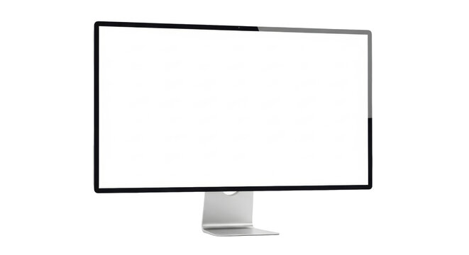 Sleek, modern, ultra-thin all-in-one desktop computer monitor with brushed aluminum stand, matte black bezel, and pristine blank white screen against seamless transparent studio background with