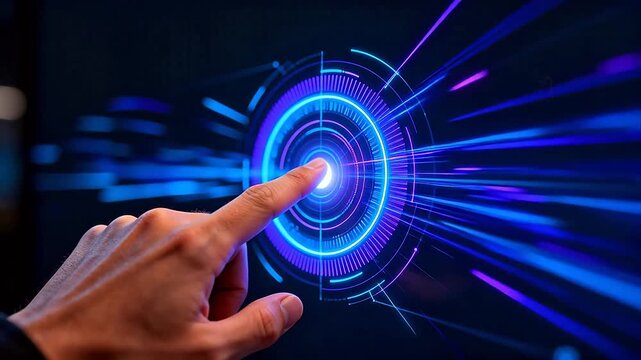 Hand interacting with futuristic digital interface