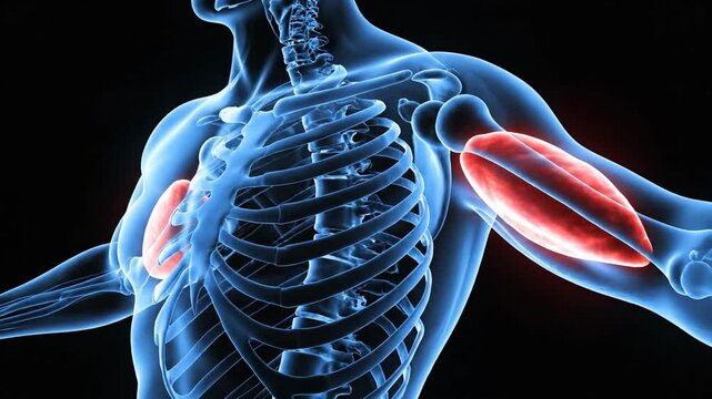Medical illustration of human anatomy depicting skeletal and muscular systems