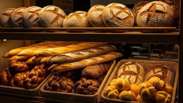 Variety of fresh baked bread on wooden shelves