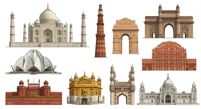A comprehensive collection of iconic Indian architectural landmarks, featuring famous historical monuments that showcase the country's rich cultural heritage