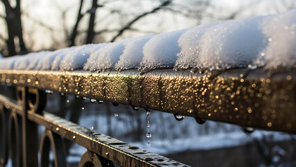 Snow Covered Metal Fence Railing Closeup.