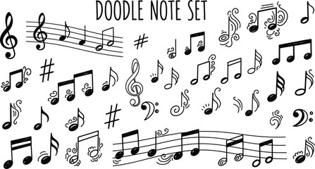 Hand-drawn doodle music note set featuring treble clefs, staffs, symbols, and decorative musical elements for creative designs © MstMukta