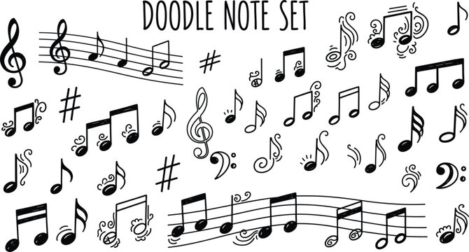 Hand-drawn doodle music note set featuring treble clefs, staffs, symbols, and decorative musical elements for creative designs