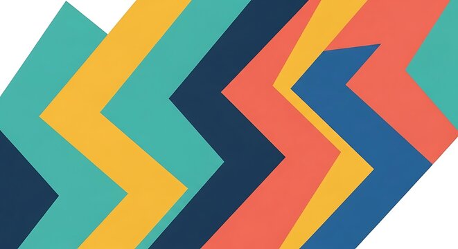 Abstract Geometric Pattern with Chevron Shapes in Teal Yellow Navy and Coral.
