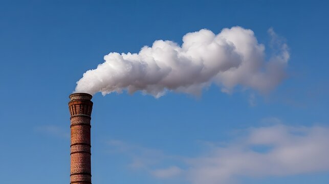White smoke billows from a tall brick chimney against a clear blue sky