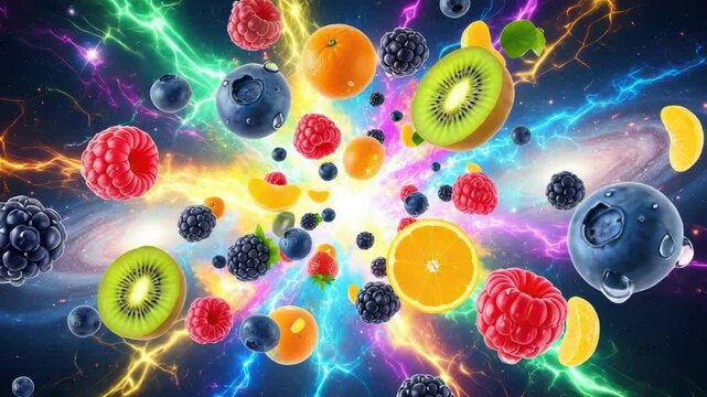 Vibrant abstract composition of fresh fruits floating in a cosmic space
