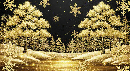 Snowflakes Falling on Snow Covered Trees Winter Scene.