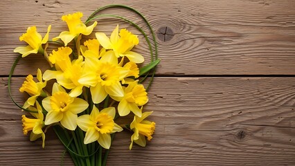 A bouquet of bright yellow daffodils on a rustic wooden table top