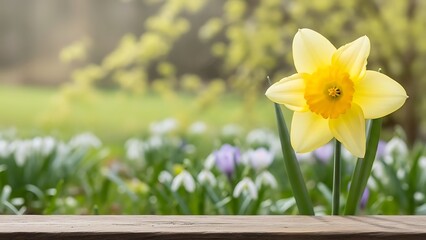 A single yellow daffodil on wooden table in the garden with green grass trees