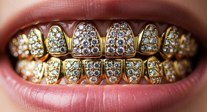 Close up of a persons mouth showing gold diamond encrusted teeth grills.