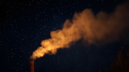 A vibrant orange smoke plume billows dramatically from an industrial chimney into the vast expanse of a dark starry night sky