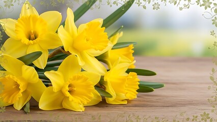 Beautiful bouquet of yellow daffodils on wooden table outdoor floral decoration