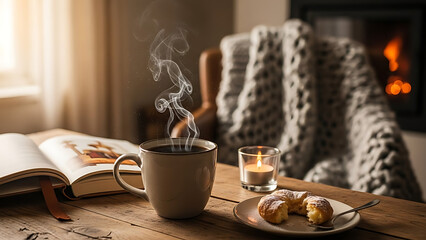 Steaming Coffee Mug on Wooden Table.